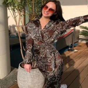 New Zara Floral Printed Black Brown Midi Wrap Satin Dress 9445/853 Small